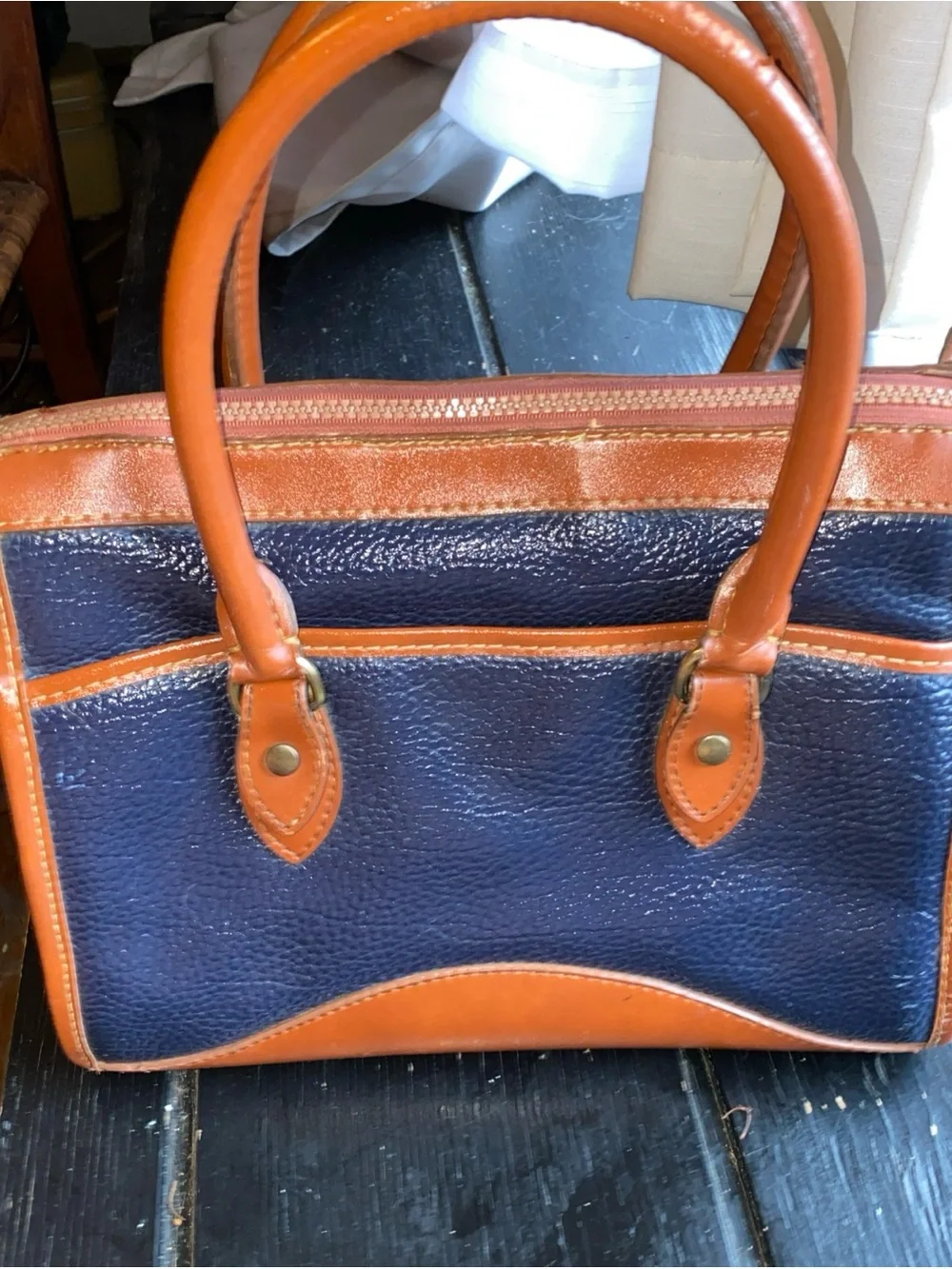 Dooney & Bourke Navy and Brown Pebbled Leather Satchel